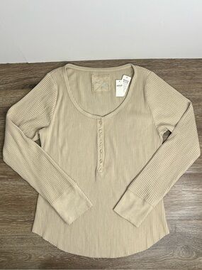 Aerie Ribbed Henley Long Sleeve Top NWT Beige XL